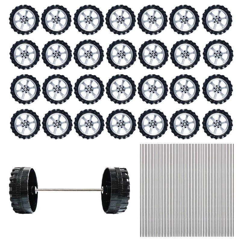 Kuanfine 60 Pcs Plastic Roll 2mm Dia Shaft Toys Car Wheel with 30 Pcs Shaft Round Rod Axles for DIY Model Toy RC Car Truck Building Projects - Image 1